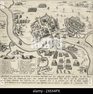 L'esercito di Stato al comando di Maurizio si accampò nei pressi di Wesel, 1620, immagine dell'occasione, della forte e famosa città di Wesel, e i suoi luoghi circostanti, tra cui come il sereno alto Principe di Orangen ha il suo esercito lì intorno ora (titolo su oggetto), Map van Wesel sul Reno e dintorni con il campo dell'esercito di Stato sotto Maurizio, 1620. Viaggio del principe Maurizio contro Spinola, 15-23 agosto 1620. Con l'arrivo del conte Hendrik di Nassau con un esercito di inglesi, il 9 settembre 1620. In basso a sinistra un cartiglio con la leggenda A-Q., stampa, stampatore: Claes Jansz. Visscher (II), (officina di Foto Stock