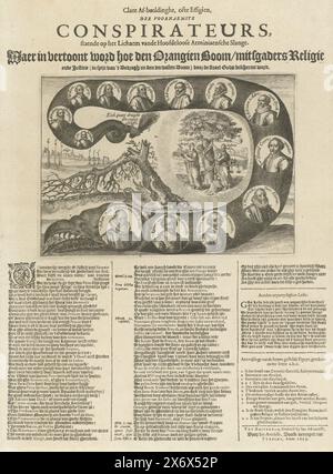 Serpente arminiano con i cospiratori contro Maurizio, 1623, Clare AF-beeldinghe, o Effigien, dei principali cospiratori, in piedi sul corpo del serpente arminiano senza testa. Mostra come l'albero orangiano, insieme a religione e giustizia (nonostante 't Bedrogh e l'albero fatiscente) sono protetti dal raggio di Dio (titolo sull'oggetto), dal serpente arminiano con i ritratti di Johan van Oldenbarnevelt e dei cospiratori contro Maurizio arrestato nel 1623. Al centro l'albero arminiano rotto e l'albero arancione fiorente protetto dalle personificazioni di religione e giustizia e del Foto Stock