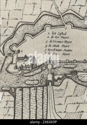 Mappa di Goch, 1631-1632, Goch (titolo sull'oggetto), Mappa di Goch. Parte di un gruppo di mappe di città, forti e dighe del Brabante conquistate dall'esercito olandese sotto Frederik Hendrik negli anni 1631-1632., stampa, tipografo: Anonimo, Paesi Bassi del Nord, 1632 - 1649, carta, incisione, altezza, 120 mm x larghezza, 106 mm Foto Stock