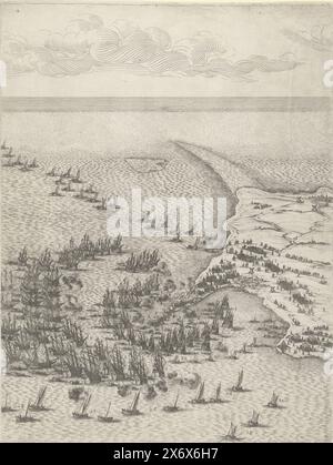 Assedio di San Martino sul Île de Ré, luglio-novembre 1627 (cartina centrale, parte in alto a sinistra), grande impronta dell'assedio della cittadella Saint Martin sul Île de Ré nel 1627, che fu condotto dalle truppe inglesi guidate dal duca di Buckingham a sostegno degli ugonotti ribelli e fu terminato dalle truppe francesi guidate dal cardinale Richelieu. Mappa centrale, parte in alto a sinistra. Su questa pagina il punto orientale dell'isola, dove navigano molte navi inglesi. Le truppe francesi si precipitano in spiaggia per resistere all'attacco., stampa, stampatore: Jacques Callot, su disegno di: Jacques Callot, Francia, 1629 - 1631, carta Foto Stock