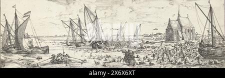 Fallito attacco a Fort Kallo, 1638, in fuga dai soldati dell'esercito olandese al comando del conte Willem van Nassau-Siegen dopo il fallito attacco alla ridotta di Kallo, 21 giugno 1638. I soldati cercano di raggiungere le barche in attesa attraverso l'acqua. A destra la chiesa di Kallo. Parte di un insieme di due lastre e due fogli di testo in olandese e francese. Stampa, tipografo: Bonaventura Peeters (i), editore: Joannes Meyssens, (menzionato sull'oggetto), sconosciuto, Paesi Bassi meridionali, 1638, carta, incisione, altezza, 152 mm x larghezza, 476 mm Foto Stock