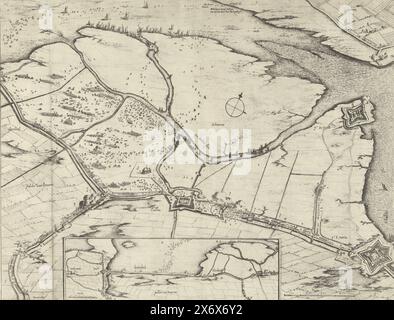 Fallito attacco a Fort Kallo, 1638, piano di Fort Kallo e il paese circostante. Fallito attacco a Fort Kallo da parte dell'esercito olandese al comando del conte Willem van Nassau-Siegen il 21 giugno 1638. In fondo un riquadro con una mappa del Kruisdijk. Parte di un insieme di due tavole e due fogli di testo in olandese e francese., stampa, tipografo: Bonaventura Peeters (i), (menzionato sull'oggetto), editore: Joannes Meyssens, (attribuito a), sconosciuto, (menzionato sull'oggetto), Paesi Bassi meridionali, 1638, carta, incisione, altezza, 362 mm x larghezza, 472 mm Foto Stock