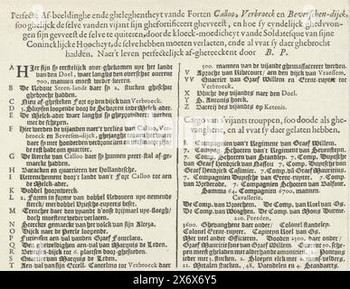 Foglio di testo olandese per la stampa del fallito attacco a Fort Kallo, 1638, immagine perfetta delle immagini dei forti Calloo, Verbroek e Beverschen-dijck (...) (titolo sull'oggetto), foglio di testo olandese per la stampa del fallito attacco a Fort Kallo da parte dell'esercito di Stato al comando del conte Willem van Nassau-Siegen, 21 giugno 1638. Foglio con il titolo e la legenda A-Z in olandese. Parte di un insieme di due tavole e due fogli di testo in olandese e francese., foglio di testo, editore: Joannes Meyssens, (attribuito a), sconosciuto, paesi Bassi meridionali, 1638, carta, stampa tipografica, altezza, 194 mm x larghezza, 245 mm Foto Stock
