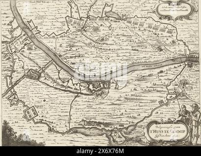 Mappa dell'assedio di Gennep, 1641, Beleegeringhe vant t'Huys in Gennip Geschiet anno 1641 (titolo sull'oggetto), Mappa di Gennep con la casa a Gennep e dintorni, assediata e conquistata dall'esercito di stato al comando di Frederik Hendrik, 6 giugno - 27 luglio 1641. Con la linea di circumvallazione degli assedianti e dei loro accampamenti. In basso a destra due soldati vicino al cartiglio con il titolo. Contrassegnato in alto a sinistra: Seconda parte Fol: 103., stampa, stampatore: Pieter Hendricksz. Schut, (possibilmente), dopo la stampa di: Claes Jansz. Visscher (II), (laboratorio di), stampatore: Paesi Bassi del Nord, dopo stampa da Foto Stock