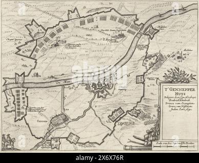 Assedio di House a Gennep, 1641, T'Gennepper Huys assediato da SYN Hoocheyt Fredrick Hendrick principe di Orangien. Tomba di Nassou ecc.. Inden Jare 1641 (titolo sull'oggetto), Mappa con la Casa a Gennep, assediata e conquistata dall'esercito olandese al comando di Frederik Hendrik, 6 giugno - 27 luglio 1641. Con la linea di circumvallazione degli assedianti, i loro accampamenti militari e i vicini villaggi di Gennep, Oeffelt e Sint Agatha. In basso a destra un cartiglio con il titolo., stampa, stampatore: Crispijn van de Passe (II), (laboratorio di), Paesi Bassi del Nord, 1641 - 1649, carta, incisione, altezza, 226 mm x larghezza, 341 Foto Stock