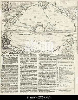 Mappa dell'assedio di Thionville, 1643, Una breve e vera storia di ciò che accadde nell'assedio di Thionville, da parte della regina più cristiana Luigi l'Enguien, è caduta, iniziata il 18 giugno 1643 (titolo sull'oggetto), mappa dell'assedio di Thionville da parte dell'esercito francese al comando di Luigi II di Borbone-Condé, duca di Enghien, iniziò il 18 giugno, catturato il 10 agosto 1643. In alto a sinistra un ritratto ovale del Duca di Enghien, in basso a sinistra il duca a cavallo con alcuni ufficiali. Ci sono 4 colonne di testo stampate sotto la piastra con la legenda A-R in olandese., print, print maker: Anonimo Foto Stock