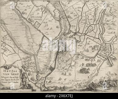 Mappa dell'assedio e della conquista di SAS-van-Gent, 1644, SAS van Gent assediò il 28 luglio anno 1644 e di Accoort Conquers il 6 settembre (titolo oggetto), Mappa dell'assedio della città di SAS-van Gent da parte dell'esercito statale al comando di Frederik Hendrik, iniziato il 28 luglio e catturato il 5 settembre 1644. Mappa di SAS-van-Gent e del paese circostante con le dighe e le fortificazioni costruite dagli assedianti e dai loro accampamenti. In basso a sinistra un cartiglio con il titolo. In basso a destra una schermaglia. Contrassegnato in alto a sinistra: Seconda parte Fol 168., stampa, stampatore: Dirk Stoop, dopo stampa da Foto Stock