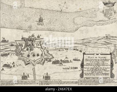 Mappa di Fort Mardijk, 1645, Plan de Mardic (titolo sull'oggetto), Mappa di Fort Mardijk vicino alla città di Mardijk vicino a Dunkerque, assediata e conquistata dall'esercito francese al comando di Gastone, duca d'Orléans dagli spagnoli, 22 giugno - 9 luglio 1645. Una nave olandese al largo della costa. Nella didascalia la leggenda 1-14 in francese. Uno stemma in alto a destra., stampa, tipografo: Anonimo, editore: Pieter Verbiest (II), (menzionato sull'oggetto), tipografo: Paesi Bassi meridionali, editore: Anversa, 1645, carta, incisione, altezza, 236 mm x larghezza, 322 mm Foto Stock