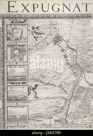 Assedio di Den Bosch nel 1629, grande mappa dell'assedio di Den Bosch da parte di Frederik Hendrik (in alto a sinistra), 1629, Expugnatio Sylvae-Ducis Ao 1629 (titolo sull'oggetto), grande mappa dell'assedio di Den Bosch da parte dell'esercito di Stato al comando di Frederik Hendrik, dal 1 maggio al 17 settembre 1629. Su entrambi i lati della mappa 18 piccole scene con i dettagli delle fortificazioni della città e dei forti circostanti contrassegnati i-Z. Mappa composta da sei piastre e due pagine di testo mancanti. Questo è il foglio in alto a sinistra con parte della mappa con Crevecoeur e parte dell'accerchiamento., stampa, stampatore: Salomon Savery, stampatore Foto Stock