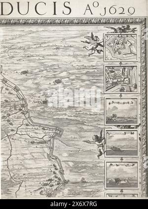 Grande mappa dell'assedio di Den Bosch di Frederik Hendrik (in alto a destra), 1629, Expugnatio Sylvae-Ducis Ao 1629 (titolo sull'oggetto), grande mappa dell'assedio di Den Bosch da parte dell'esercito statale guidato da Frederik Hendrik, dal 1 maggio al 17 settembre 1629. Su entrambi i lati della mappa 18 piccole scene con dettagli delle fortificazioni della città e dei forti circostanti contrassegnati i-Z. Mappa composta da sei piastre e due pagine di testo mancanti. Questo è il foglio in alto a destra con parte dell'accerchiamento., stampa, stampatore: Salomon Savery, stampatore: Balthasar Florisz. Van Berckenrode, dopo il disegno di: Adriaen Foto Stock