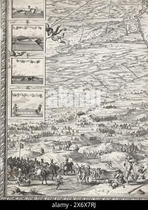 Grande mappa dell'assedio di Den Bosch di Frederik Hendrik (in basso a sinistra), 1629, Expugnatio Sylvae-Ducis Ao 1629 (titolo sull'oggetto), grande mappa dell'assedio di Den Bosch da parte dell'esercito statale guidato da Frederik Hendrik, dal 1 maggio al 17 settembre 1629. Su entrambi i lati della mappa 18 piccole scene con dettagli delle fortificazioni della città e dei forti circostanti contrassegnati i-Z. Mappa composta da sei piastre e due pagine di testo mancanti. Questo è il foglio in basso a sinistra con parte della mappa che mostra l'accerchiamento e l'avanzata degli eserciti e dei soldati. In primo piano l'esodo della guarnigione spagnola Foto Stock