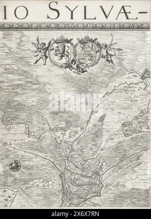 Grande mappa dell'assedio di Den Bosch di Frederik Hendrik (in alto al centro), 1629, Expugnatio Sylvae-Ducis Ao 1629 (titolo sull'oggetto), grande mappa dell'assedio di Den Bosch da parte dell'esercito statale guidato da Frederik Hendrik, dal 1 maggio al 17 settembre 1629. Su entrambi i lati della mappa 18 piccole scene con i dettagli delle fortificazioni della città e dei forti circostanti contrassegnati i-Z. Mappa composta da sei piastre e due pagine di testo mancanti. Questo è il primo foglio centrale con parte della mappa con la città stessa e gli stemmi degli Stati generali e Frederik Hendrik., stampa, stampatore: Salomon Savery, stampa Foto Stock