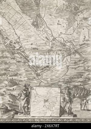 Grande mappa dell'assedio di Den Bosch di Frederik Hendrik (in fondo alla pagina centrale), 1629, Expugnatio Sylvae-Ducis Ao 1629 (titolo sull'oggetto), grande mappa dell'assedio di Den Bosch da parte dell'esercito statale guidato da Frederik Hendrik, dal 1 maggio al 17 settembre 1629. Su entrambi i lati della mappa 18 piccole scene con dettagli delle fortificazioni della città e dei forti circostanti contrassegnati i-Z. Mappa composta da sei piastre e due pagine di testo mancanti. Questa è la parte centrale inferiore con parte della mappa con l'accerchiamento e il campo dell'esercito a Vught. In primo piano due figure allegoriche (Marte e un dio del fiume Foto Stock