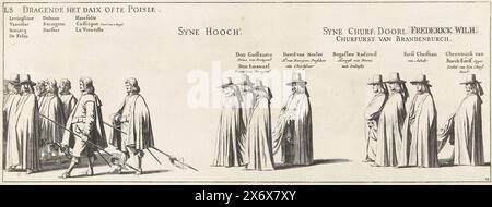 La processione funebre di Frederik Hendrik (n. targa 23), 1647, la processione funebre dello stadtholder Frederik Hendrik a l'Aia nel 1647 (titolo della serie), sepoltura di Syne Hoogheyt Frederick Henrick, di der Gratien Gods Prince of Orange, tomba di Nassau &c (titolo della serie sull'oggetto), processione funebre di Stadtholder Frederik Hendrik a l'Aia il 10 maggio, 1647. Targa n. 23 con parte della processione, sopra le persone ci sono i loro nomi e le loro posizioni. Una busta con il nome di Frederick Wilh. bloccato su on. Parte di una serie di 30 lastre e 20 fogli di testo, da incollare insieme., stampa Foto Stock