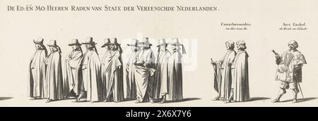 La processione funebre di Frederik Hendrik (n. targa 26), 1647, la processione funebre dello stadtholder Frederik Hendrik a l'Aia nel 1647 (titolo della serie), sepoltura di Syne Hoogheyt Frederick Henrick, di der Gratien Gods Prince of Orange, tomba di Nassau &c (titolo della serie sull'oggetto), processione funebre di Stadtholder Frederik Hendrik a l'Aia il 10 maggio, 1647. Targa n. 26 con parte della processione con i membri degli Stati generali, sopra le persone sono indicate le loro posizioni. Parte di una serie di 30 lastre e 20 fogli di testo, da incollare insieme. Stampa, stampatore: Pieter Foto Stock