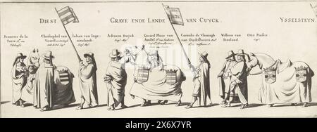 La processione funebre di Frederik Hendrik (n. targa 13), 1647, la processione funebre dello stadtholder Frederik Hendrik a l'Aia nel 1647 (titolo della serie), sepoltura di Syne Hoogheyt Frederick Henrick, di der Gratien Gods Prince of Orange, tomba di Nassau &c (titolo della serie sull'oggetto), la processione funebre di Stadtholder Frederik Hendrik a l'Aia il 10 maggio, 1647. Targa n. 13 con parte della processione con portatori e tre cavalli, sopra le persone ci sono i loro nomi e le loro posizioni. Parte di una serie di 30 lastre e 20 fogli di testo, da incollare insieme. Stampa, stampatore Foto Stock