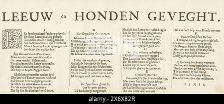 Foglio di testo per il cartone animato sull'Inghilterra, 1652, Leeuw en honden Geveght (titolo sull'oggetto), foglio di testo per il cartone animato Inghilterra nella prima guerra inglese, 1652. Testo in 4 colonne con un verso per ciascuna delle lettere A-F., foglio di testo, stampatore: Crispijn van de Passe (II), Paesi Bassi del Nord, 1652, carta, stampa tipografica, altezza, 139 mm x larghezza, 300 mm Foto Stock