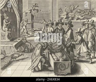 The Empty Deception of England, 1652, The Empty Deception of England (titolo sull'oggetto), Cartoon on England in the First English War, 1652. Il Leone olandese (e) si trova in una culla cullata dal flauto della volpe spagnola (P), qui c'è un gruppo di uomini in piedi. Mostra, tra le altre cose, che il principe Rupert del Palatinato (B) ruba la borsa di un mercante (i); un riferimento alla pirateria che ha avuto luogo durante questa guerra. A sinistra, Cromwell, una scimmia con una corona di piume di pavone, siede sul trono (F). Le tre maschere dietro di lui rappresentano l'inganno (A). Porta un gatto Foto Stock