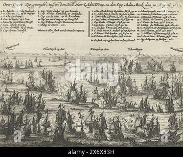 Battaglia di Terheide tra la flotta olandese al comando di Tromp e la flotta inglese al comando di Monck, 1653, battaglia Over-Groot Zee; tra gli Holl. Sig. L. Adm. Tromp e den Ing. ADM. Monk: Il 10 agosto. 1653 (titolo sull'oggetto), Battaglia di Terheide nella prima guerra inglese tra la flotta olandese al comando di Maarten Tromp e la flotta inglese al comando di George Monck, 10 agosto 1653. In cima alla leggenda a-o e 1-21. Unnumbered [14]., print, print maker: Anonimo, dopo il design di: Jan Abrahamsz. Beerstraten, (menzionato sull'oggetto), editore: Jodocus Hondius (III), (menzionato sull'oggetto), Northern Foto Stock