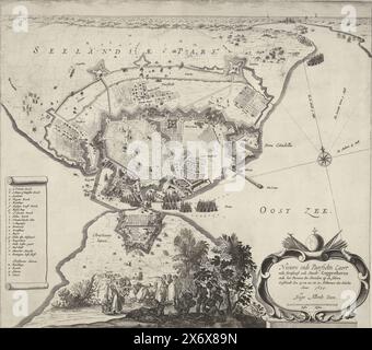 Il rilievo di Copenaghen, 1659, New and Paerfeckte Caert of the fortification and the Staedt Coppenhaven and the Storming of the Sweeden on the self è avvenuto il 19, 20 e 21 febbraio nella notte anno 1659 (titolo sull'oggetto), mappa di Copenaghen con la flotta olandese che rompe l'assedio della città da parte degli svedesi, 19-21 febbraio 1659. In primo piano ci sono soldati che giocano a carte sotto un albero e donne con bambini. A sinistra la legenda a-z. La stampa include due pagine di testo., print, print maker: Salomon Savery, (attribuito a), dopo la stampa di: Anonymous, dopo la stampa di: Jacques Foto Stock