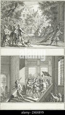 Volo dell'insegna a Middelburg, assalto del sindaco Van den Brande, 1672, Foglio con due scene. In alto: Volo dell'insegna a Middelburg all'arrivo dei contadini ribelli. In basso: Maltrattamenti del sindaco Van den Brande da parte degli agricoltori ribelli, 1672. Illustrazioni n. IV e V a un poema di Petrus Johannes Beronicius sui ribelli agricoltori della Zelanda e la commozione a Middelburg che circonda il sindaco Filips van den Brande il 21 luglio 1672., stampa, tipografo: Simon Fokke, (menzionato sull'oggetto), su disegno personale di: Simon Fokke, (menzionato sull'oggetto), Paesi Bassi del Nord Foto Stock