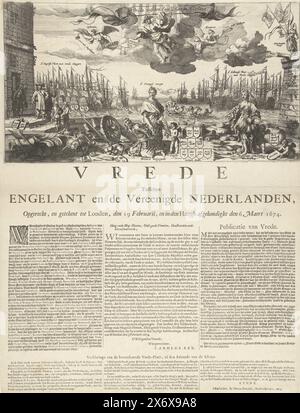 Allegoria sulla pace con l'Inghilterra, 1674, pace tra Engelante e Paesi Bassi Uniti, sincera, e firmata a Londra, il 19 febbraio, e promulgata nell'Haegh il 6 marzo 1674 (titolo sull'oggetto), Allegoria sulla pace di Westminster con l'Inghilterra il 19 febbraio 1674, ponendo fine alla terza guerra inglese. Al centro la Vergine olandese con il dio della guerra francese schiavo ai suoi piedi, a sinistra le armi sconfitte dei vescovi di Munster e Colonia. A sinistra il negoziatore spagnolo Marchese del Fresno con il segretario di Coventry a Whitehall, a destra la personificazione del Foto Stock