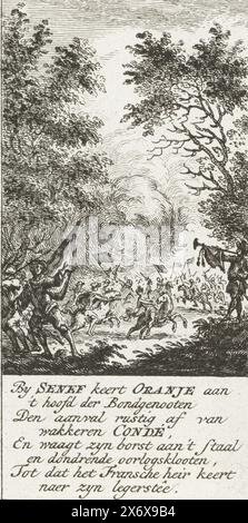 Battaglia di Seneffe, 1674, battaglia di Seneffe l'11 luglio 1674 tra le truppe alleate spagnole, imperiali e statali sotto Guglielmo III da un lato e i francesi sotto il principe di Condé dall'altro. Sotto la performance, un versetto di 8 righe. Numerato in alto: Ci., stampa, stampatore: Simon Fokke, Paesi Bassi del Nord, 1779 - 1781, carta, incisione, altezza, 106 mm x larghezza, 61 mm Foto Stock