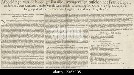 Pagina di testo per la stampa della Battaglia di Seneffe, 1674, battaglione che cadde tra l'esercito francese al comando del Principe di Conde e l'esercito alleato come Keijser Spanjen e sua altezza reale il Principe d'Orange l'11 agosto 1674 (titolo oggetto), immagine del sanguinoso Batailje, che si verificò tra l'esercito francese, sotto il principe di Condé, e quello degli Alleati, come il Keyser, spagnolo, e il suo Koninglijcke Hoogheyt, il signore principe di Orangien. L'11 agosto 1674 (titolo sull'oggetto), pagina di testo per la stampa della Battaglia di Seneffe dell'11 luglio 1674 tra gli spagnoli alleati Foto Stock