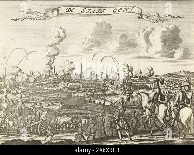 Assedio di Gand da parte dei francesi, 1678, De Stadt Gand (titolo in oggetto), assedio della città di Gand da parte dell'esercito francese al comando del re Luigi XIV. La città fu catturata il 9 marzo 1678. Ufficiali francesi a cavallo in primo piano, Gand in the Distance., stampatore: Jan Luyken, (menzionato sull'oggetto), su disegno di Jan Luyken, (menzionato sull'oggetto), Paesi Bassi del Nord, 1678 - 1680 e/o 1689, carta, incisione, altezza, 120 mm x larghezza, 160 mm Foto Stock