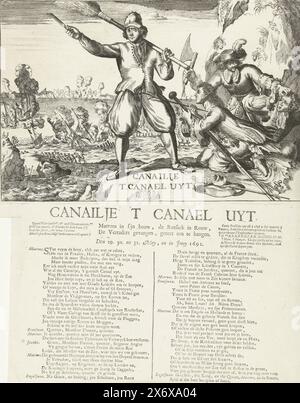 Cartone animato sulle perdite francesi a Cape la Hogue, 1692, Canailje t Canael uyt (titolo oggetto), Canailje t Canael uyt. Sailor nella sua costruzione, il Rockack in lutto, i traditori catturati, pronti ad impiccare. Den 29. 30. en 31 Mey, en Juny anno 1692 (titolo sull'oggetto), Cartoon sull'incendio delle navi francesi da parte degli olandesi e degli inglesi dopo la vittoria nella battaglia di Capo la Hogue nel Canale, dal 29 maggio al 3 giugno 1692. Il marinaio olandese con scopa e coltello, ai suoi piedi un francese implorante. Sulla destra, un inglese minaccia un giacobita con un'ascia. Con didascalia in due colonne e alcune Foto Stock