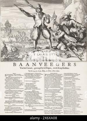 Cartone animato sulle perdite francesi a Cape la Hogue, 1692, Canailje t Canael uyt (titolo oggetto), il canale inglese e olandese Baanveegers Van het, spazzato da la Hogue, e Capo Barfleur. Sulla 29. 30. E 31 maggio, e Juny anno 1692 (titolo sull'oggetto), Cartoon sull'incendio delle navi francesi da parte degli olandesi e degli inglesi dopo la vittoria nella battaglia di Capo la Hogue nel Canale, 29 maggio t /m 3 giugno 1692. Il marinaio olandese con scopa e coltello, ai suoi piedi un francese implorante. Sulla destra, un inglese minaccia un giacobita con un'ascia. Con didascalia in quattro colonne., stampa, stampa Foto Stock