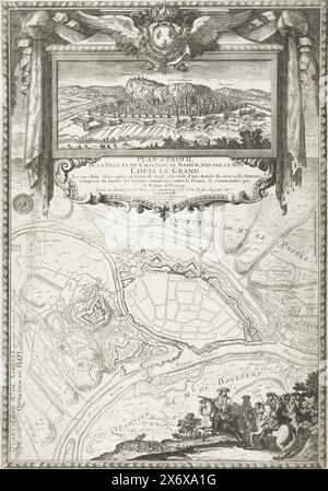 Mappa della città di Namur con il castello, assediato e catturato dall'esercito francese, 1692, Plan et profile de la ville et du chasteau de Namur, pris par le Roy Loüis le Grand. Le 30. Juin 1692. apres 30. Jours de Siege (...) (titolo sull'oggetto), Conqueste de Louis le Grand (titolo della serie sull'oggetto), Mappa della città di Namur con il castello, assediata e catturata dall'esercito francese, 25 maggio - 30 giugno 1692. In cima un cartiglio con vista sulla città, coronato dallo stemma reale francese alato, in fondo il re conduce i suoi ufficiali a cavallo. Completamente decorato. Parte di Foto Stock