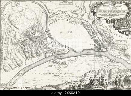 Mappa della città di Namur con il castello, assediata dall'esercito francese, 1692, Plan de la Ville Ouvrages et Chateau de Namur Avec toutes les Attaques, qui onté faites, pendant le Siege (...) depuis le 29e May, Jus qu'au 30e Juin 1692 (titolo sull'oggetto), mappa della città di Namur con il castello, assediata dall'esercito francese, 25 maggio - 30 giugno 1692. In cima, sotto il cartiglio, offrendo la resa della città al comandante francese. Cavalleria avanzata in basso., stampa, stampatore: Anonimo, editore: De Fer, (menzionato sull'oggetto), de Fer, (menzionato sull'oggetto), stampatore: Francia, (. Foto Stock