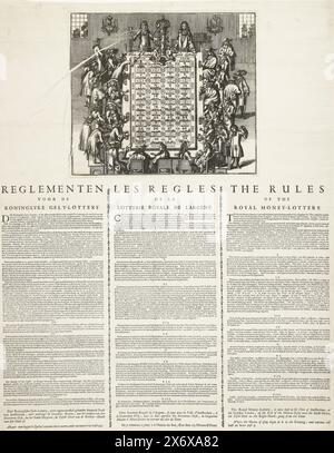 Regolamento per la lotteria reale del denaro, CA. 1689-1695, regolamento per la lotteria Koninglyke Gelt, Les regles de la Lotterie Royale de l'Argent, le regole della lotteria reale del denaro (titolo sull'oggetto), foglio numerato con il regolamento i-VIII per la lotteria reale del denaro in olandese, francese e inglese. In alto una rappresentazione del gioco della lotteria (una sorta di roulette) da parte dei partecipanti seduti intorno ad un tavolo su cui un grande tabellone con 32 caselle con nomi di luogo. In testa al tavolo un modello di quercia in cui vengono rotolati i dadi, ca. 1689-1695. Secondo il Foto Stock