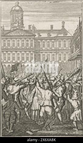 Sommossa in piazza Dam durante la rivolta dello speaker, 1696, folla di cittadini arrabbiati armati di bastoni e scopa di fronte al municipio in piazza Dam durante la rivolta dello speaker, 31 gennaio - 1 febbraio 1696., stampa, stampatore: Laurens Scherm, su progetto di: Laurens Scherm, editore: Samuel Lamsveld, (possibilmente), Amsterdam, 1702 e/o 1725 - 1733, carta, incisione, altezza, 130 mm x larghezza, 80 mm Foto Stock