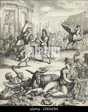 Trionfo di re Guglielmo III, 1697, Allegoria del regno di re Guglielmo III, forse in connessione con la pace di Rijswijk conclusa il 20 settembre 1697 tra Francia e Alleati. Ercole conduce Guglielmo III al tempio dell'onore. Sulla destra Apollo, Pegaso e le Muse su Parnaso. In primo piano un asino con una donna con attributi di passatempi riprovevoli: Bere, fare musica, giocare d'azzardo, giocare e amare. Con due satiri in fuga e una donna con i capelli di serpente (Tweedracht o Nijd)., stampatore: Jan van Vianen, (menzionato sull'oggetto), su disegno personale di: Jan van Foto Stock