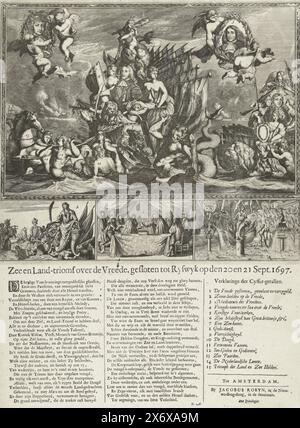 Allegoria sulla Pace di Rijswijk, 1697, Mare e Terra trionfanno sul Vreede, chiuso a Ryswyk il 20 e 21 settembre. 1697 (titolo sull'oggetto), Allegoria della pace di Rijswijk, conclusa il 20 settembre 1697 tra Francia e Alleati. Due carri di mare trainati da cavalli marini e leoni marini in cui le virtù cavalcano con striscioni e ritratti di re Guglielmo III e un altro eroe senza nome, forse Anthonie Heinsius. Angeli nel cielo con ritratti di due mediatori durante i negoziati di pace. In fondo tre scene più piccole: Un'allegoria di pace, il sigillo del trattato di pace e.. Foto Stock