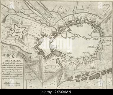 Mappa di Bruxelles, 1726, Bruxelles, Ville considerevoli des Pais Bas, capitale du Duché de Brabant (...) (titolo oggetto), Les Forces de l'Europe, Asia, Afrique et Amerique (...) Comme also les carte des Côtes de France et d'Espagne (titolo della serie sull'oggetto), mappa delle difese intorno alla città di Bruxelles. Targa n. 274 in parte targhe di rinomate città e fortezze forti nel contesto della guerra di successione spagnola 1701-1713. La maggior parte di queste lastre sono state copiate da anonime lastre francesi di rinomate città e fortezze forti: In Les Forces de l'Europe e in: Le Theatre de la Foto Stock