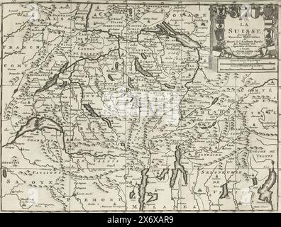 Mappa della Svizzera, 1726, la Suisse, Suivant les Nouvelles Observations (...) (titolo sull'oggetto), Les Forces de l'Europe, Asia, Afrique et Amerique (...) Comme also les Cartes des Côtes de France et d'Espagne (titolo della serie sull'oggetto), Mappa della Svizzera. Targa n. 325 in parte targhe di rinomate città e fortezze forti nel contesto della guerra di successione spagnola 1701-1713. La maggior parte di queste tavole sono state copiate da anonime tavole francesi di famose città e fortezze forti: In Les Forces de l'Europe e in: Le Theatre de la guerre, dans les Pays-Bas, entrambe originariamente pubblicate Foto Stock