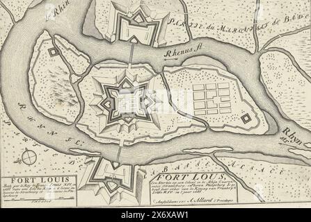 Mappa di Fort Louis, CA. 1701-1713, Fort Lous, una fortezza su un'isola sul Reno (titolo sull'oggetto), Les Principales Forteresses & Villes Fortes, d'Espagne, de France, d'Italie, Savoia, d'Allemagne & des Pais-Bas (...), immagini accurate delle più importanti città e fortezze di Spagna, Francia, Italia, Savoia, Duytsland e Paesi Bassi (...) (titolo della serie su oggetto), Mappa del 1688 Fort Louis, costruito dai francesi, situato sul Reno sotto Strasburgo. Parte della serie raccolta di 49 lastre di rinomate città e fortezze forti nella Guerra di successione spagnola, ca Foto Stock