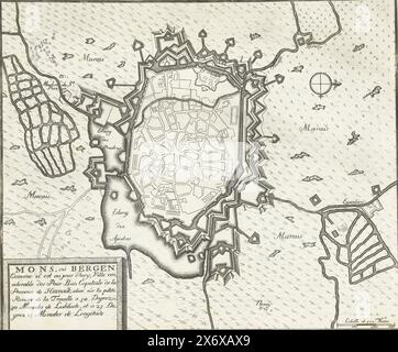 Mappa di Mons, CA. 1693-1696, Mons, ou Bergen Comme il est au jour d'huy. Ville Consideral des Pais Bas (...) (titolo sull'oggetto), le Theatre de la guerre, dans les pays-Bas, ou representation des principales villes qui sont en Flandres, Hainaut, Brabante &c.. Avec leurs fortifications (...) primo volume (titolo della serie sull'oggetto), Mappa delle fortificazioni della città di Mons (Mons) nella contea di Hainaut. Parte della prima parte della stampa: Le Theater de la Guerre, dans les Pays-Bas, pubblicato nel 1696. Questa parte contiene 25 piastre con piani (da Sébastien le Prestre, Seigneur de Vauban) di Foto Stock