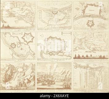 Theater of War (pagina III), 1702, Theater of War, BEGIN of King Carlo II fino a re Carlo III. Esistente in IX. Figure storiche su un foglio di elefante, AS Battles, Sieges on Water and on Land, with the Most Important Fortresses (...) (titolo della serie su oggetto), foglio con nove rappresentazioni di eventi dell'anno 1702 della Guerra di successione spagnola e mappe delle città fortificate. Foglio III in: Theater of the War (edizione del 1709), il lavoro di stampa con la serie in bundle di 18 lastre sulla guerra di successione spagnola., stampa, stampatore: Pieter Schenk (i), editore: Pieter Foto Stock