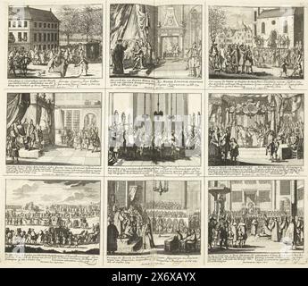 Theater of War (pagina XV), 1714, Theater of War, iniziato da re Carlo II fino a re Carlo III. Esistente in IX. Figure storiche su un foglio di elefante, come battaglie, assedi sull'acqua e sulla terra, con le più importanti fortezze (...) (titolo della serie sull'oggetto), foglio con nove rappresentazioni di eventi dell'anno 1714 dalla Guerra di successione spagnola. Foglio XV in: Theater of the War (edizione 1720), la stampa con la serie in bundle di 31 lastre sulla guerra di successione spagnola., stampa, stampatore: Pieter Schenk (i), editore: Pieter Schenk (i), (menzionato sull'oggetto Foto Stock