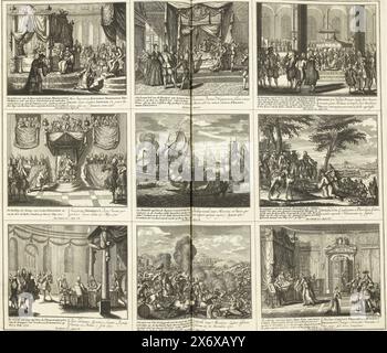 Theater of War (pagina XXI), 1720, Theater of War, a partire da re Carlo II fino a re Carlo III. Esistente in IX. Figure storiche su un foglio di elefante, come battaglie, assedi sull'acqua e sulla terra, con le più importanti fortezze (...) (titolo della serie sull'oggetto), foglio con nove rappresentazioni di eventi dell'anno 1720. Foglio XXI in: Schouwburg van den War (edizione del 1720), la stampa con la serie in bundle di 31 lastre sulla guerra di successione spagnola., stampa, stampatore: Leonard Schenk, (menzionato sull'oggetto), su disegno di: Adolf van der Laan, (menzionato sull'oggetto Foto Stock