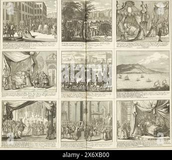 Theater of War (pagina XXIII), 1722, Theater of War, Beges of King Carlo II fino a re Carlo III. Esistente in IX. Figure storiche su un foglio di elefante, come battaglie, assedi sull'acqua e sulla terra, con le fortezze più importanti (...) (titolo della serie sull'oggetto), foglio con nove rappresentazioni di eventi dell'anno 1722. Foglio XXIII in: Schouwburg van den War (edizione del 1720), la stampa con la serie in bundle di 31 lastre sulla guerra di successione spagnola., stampa, stampatore: Leonard Schenk, (menzionato sull'oggetto), su disegno di: Adolf van der Laan, (menzionato sull'oggetto Foto Stock