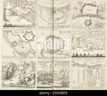 Theater of War (pagina III), 1702, Theater of War, BEGIN of King Carlo II fino a re Carlo III. Esistente in IX. Figure storiche su un foglio di elefante, AS Battles, Sieges on Water and on Land, with the Most Important Fortresses (...) (titolo della serie su oggetto), foglio con nove rappresentazioni di eventi dell'anno 1702 della Guerra di successione spagnola e mappe delle città fortificate. Foglio III in: Theater of the War (edizione del 1720), la stampa con la serie in bundle di 31 lastre sulla guerra di successione spagnola., stampa, stampatore: Pieter Schenk (i), editore: Pieter Foto Stock