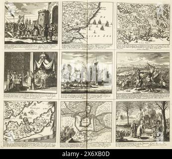 Theater of War (pagina XVII), 1716, Theater of War, Beges of King Carlo II fino a re Carlo III. Esistente in IX. Figure storiche su un foglio di elefante, as Battles, Sieges on Water and on Land, with the Most Important Fortresses (...) (serie title on object), foglio con nove rappresentazioni di eventi dell'anno 1716 e alcune mappe. Foglio XVII in: Theater of the War (edizione del 1720), la stampa con la serie in bundle di 31 lastre sulla guerra di successione spagnola., stampa, stampatore: Pieter Schenk (i), editore: Pieter Schenk (i), (menzionato sull'oggetto), Staten van Holland Foto Stock