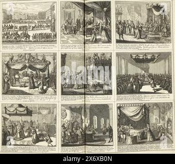 Theater of War (pagina XXII), 1721, Theater of War, a partire da re Carlo II fino a re Carlo III. Esistente in IX. Figure storiche su un foglio di elefante, come battaglie, assedi sull'acqua e sulla terra, con le più importanti fortezze (...) (titolo della serie sull'oggetto), foglio con nove rappresentazioni di eventi dell'anno 1721. Foglio XXII in: Schouwburg van den War (edizione del 1720), la stampa con la serie in bundle di 31 lastre sulla guerra di successione spagnola., stampa, stampatore: Leonard Schenk, (menzionato sull'oggetto), su disegno di: Adolf van der Laan, (menzionato sull'oggetto Foto Stock