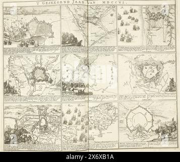 Theater of War (pagina VII), 1706, 't Geseegend Jaar, van MDCCVI (titolo sull'oggetto), Theater of War, BEGIN of King Carlo II fino a Re Carlo III. Esistente in IX. Figure storiche su una foglia di elefante, come battaglie, assedi sull'acqua e sulla terra, con le più importanti fortezze (...) (titolo della serie sull'oggetto), Leaf con nove rappresentazioni di eventi dell'anno 1706 della Guerra di successione spagnola e mappe delle città fortificate. Foglio VII in: Theater of the War (edizione del 1720), la stampa con la serie in bundle di 31 lastre sulla Guerra di successione spagnola., stampa, stampa Foto Stock