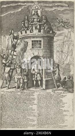 I partiti combattono per la Castiglia, 1706, Castiglia riformata, Castiglia riformata (titolo sull'oggetto), 16. De Gulsigheid, o Castilien Reformed, Addendum al Koninglyke Almanach, chiamato l'anno d'oro degli Alleati, 1706, 't Lusthof van Momus (titolo della serie), Cartoon of the parties Fighting for Castile, 1706. L'elettore di Baviera e Luigi XIV siedono in cima a un castello. Altri cercano di scalare la torre. L'album contiene versi in olandese e francese. Foglio n. 16 (numerato in alto a destra) nella serie di 25 fogli intitolato: Addendum to the Koninglyke Almanach, chiamato Gulde-Jaar der Allies, 1706. Parte di Foto Stock